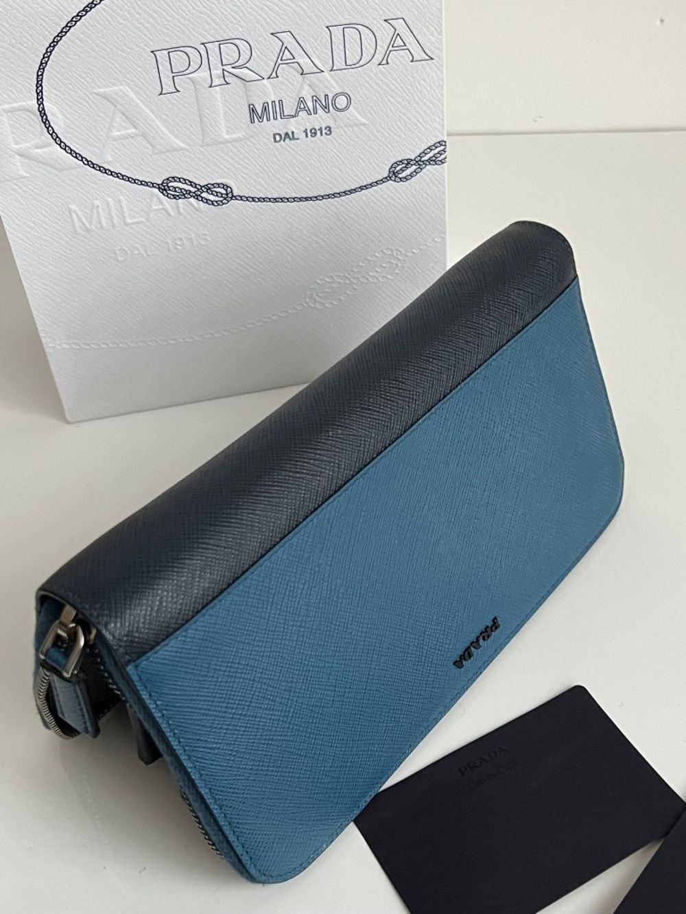 Prada Men's Saffiano Leather Zipper Closure Wallet Document Holder Blue Black